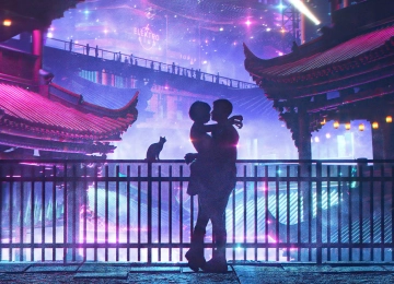 拥抱 爱 中国 夜 夜景 紫色 房子 AI艺术 霓虹灯 情侣  电脑壁纸 4K壁纸  3840x2160