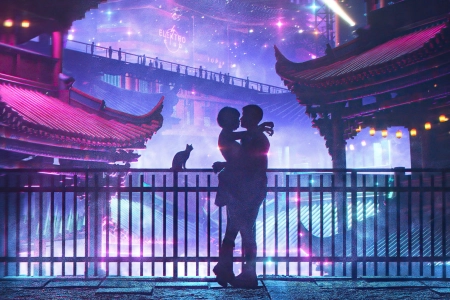 拥抱 爱 中国 夜 夜景 紫色 房子 AI艺术 霓虹灯 情侣  电脑壁纸 4K壁纸 3840x2160