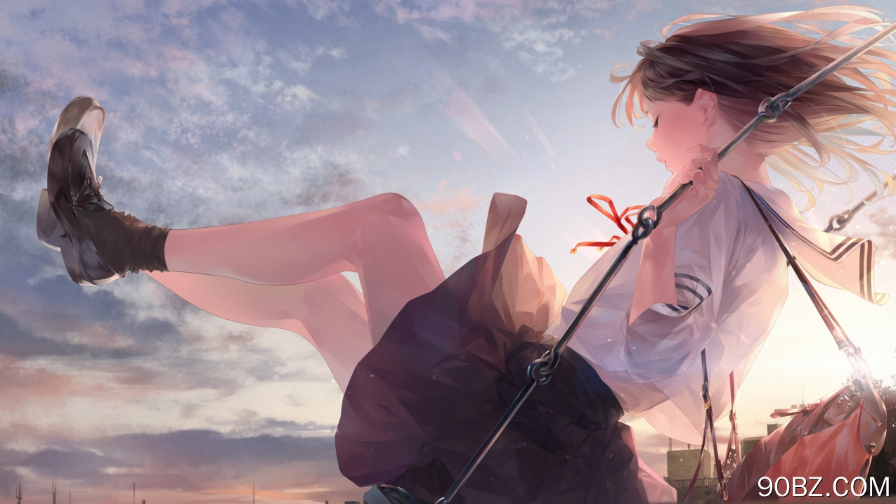 动漫 动漫女孩 裁剪 校服 秋千 水手制服 日落 侧视  电脑壁纸 4K壁纸