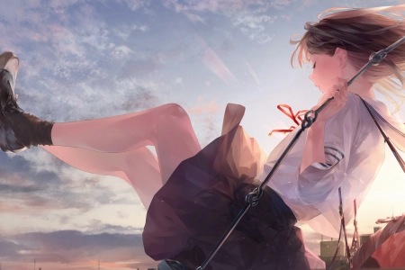 动漫 动漫女孩 裁剪 校服 秋千 水手制服 日落 侧视  电脑壁纸 4K壁纸 3840x2160