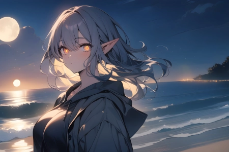 动漫女孩 人工智能艺术 月光 海滩 尖耳朵 电脑壁纸 4K壁纸 5376x3072