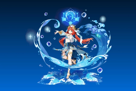 原神 电子 游戏 角色 红发 女孩 动漫 简单背景 极简主义 水 蓝色背景 4K壁纸 3840x2160