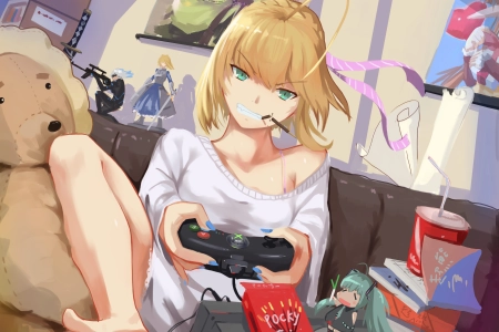 绿眼睛 金发 魔术 艺术家 动漫 女孩 命运 军刀 口袋 吃  4K壁纸 4960x3507