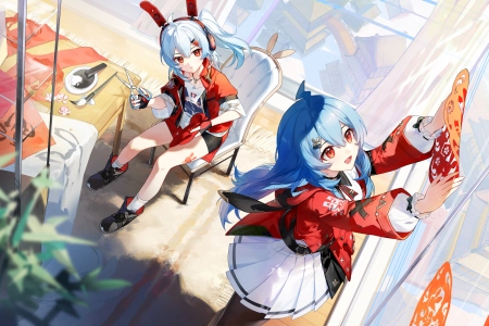 女孩 兔耳朵 新年 中国新年 动漫女孩 剪刀 耳机 剪纸  4K壁纸 4551x2560