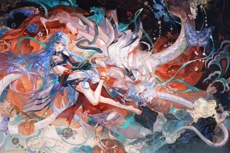 动漫 女孩 花 蝴蝶 新年 春节 绘画 4K壁纸 3840x2160