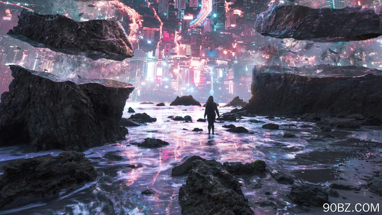 妇女 AI艺术 城市 岩石 海 幻想艺术 颠倒 超现实 未来主义 赛博朋克  电脑壁纸 4K壁纸