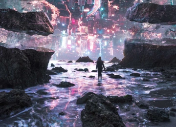 妇女 AI艺术 城市 岩石 海 幻想艺术 颠倒 超现实 未来主义 赛博朋克  电脑壁纸 4K壁纸  3840x2160