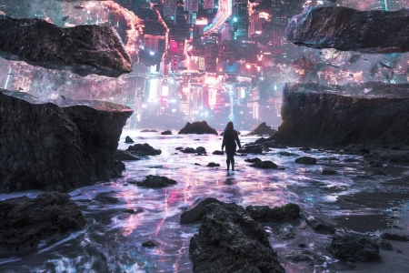 妇女 AI艺术 城市 岩石 海 幻想艺术 颠倒 超现实 未来主义 赛博朋克  电脑壁纸 4K壁纸 3840x2160