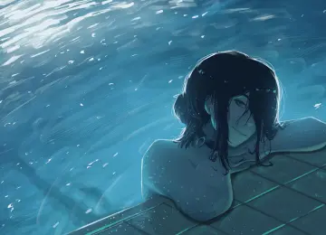 艾瑞克·阿尔茨，电锯人，蕾泽，独奏，动漫少女，插画，项圈，闭嘴，反射，水，丝带，侧辫，瓷砖，看着观众，短发，发髻，  3840x2160