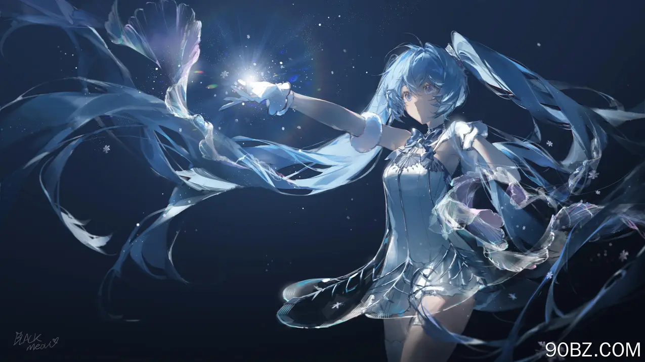 蓝眼睛 长发 蓝头发 站立 初音未来 动漫 女孩 透视 简单背景 连衣裙 宽屏 手套 发光 雪花 双胞胎 4K壁纸