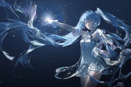 蓝眼睛 长发 蓝头发 站立 初音未来 动漫 女孩 透视 简单背景 连衣裙 宽屏 手套 发光 雪花 双胞胎 4K壁纸 4800x2700