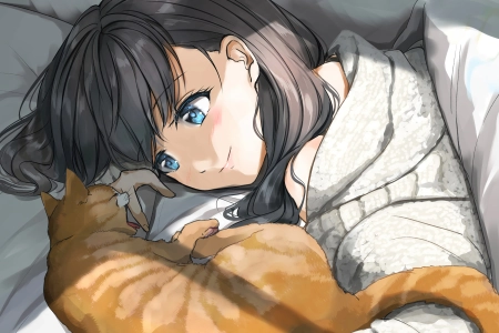 蓝眼睛 动漫 女孩 猫 4K壁纸 3840x2160