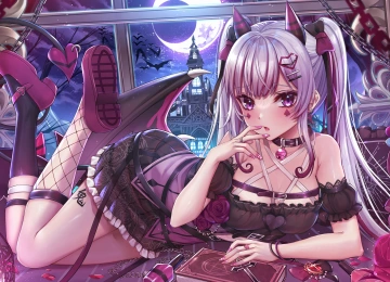 动漫 动漫女孩 妖妖 月亮 银发 双尾 紫眼 虚拟  电脑壁纸 4K壁纸  4535x2552