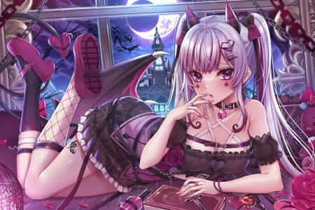 动漫 动漫女孩 妖妖 月亮 银发 双尾 紫眼 虚拟  电脑壁纸 4K壁纸 4535x2552