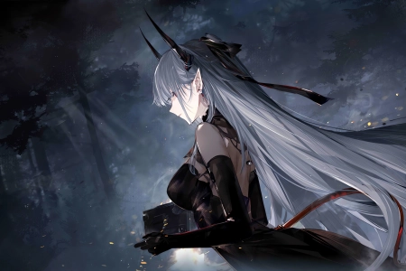 长发 白发 动漫 动漫女孩 号角 肘部手套 电脑壁纸 4K壁纸 5120x2878