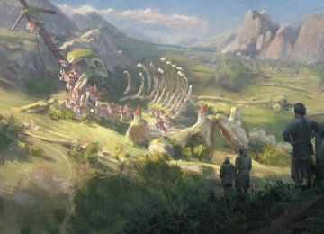 剑 泰坦 骨架 山 草 岩石 村庄 骨头 4K壁纸  3840x2160