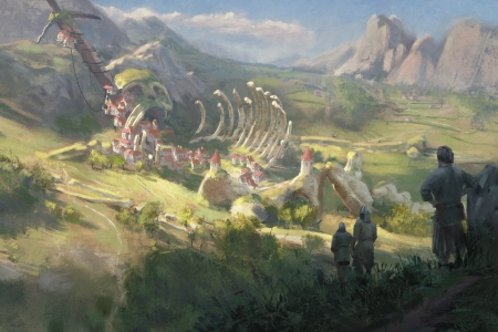 剑 泰坦 骨架 山 草 岩石 村庄 骨头 4K壁纸 3840x2160