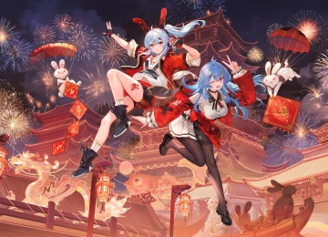 动漫 女孩 烟花 兔耳朵 2233娘 22娘 33娘 4K壁纸  3911x2200