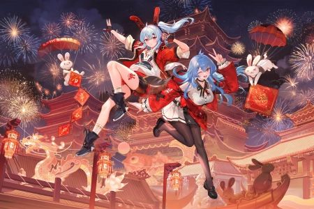 动漫 女孩 烟花 兔耳朵 2233娘 22娘 33娘 4K壁纸 3911x2200