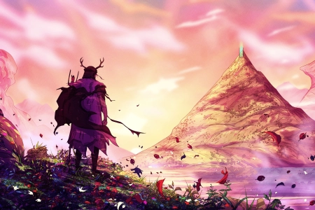 旅行者 AI艺术 奇幻艺术 男人 山 花 4K壁纸 3840x2160