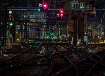城市 城市灯光 铁路 铁路站台 夜间 城市 赛博朋克 电脑壁纸 4K壁纸  4485x2989