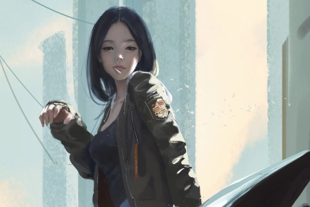 女人 黑头发 黑眼睛 动漫女孩 夹克 背心 棒棒糖 AI艺术  电脑壁纸 4K壁纸 3840x2160
